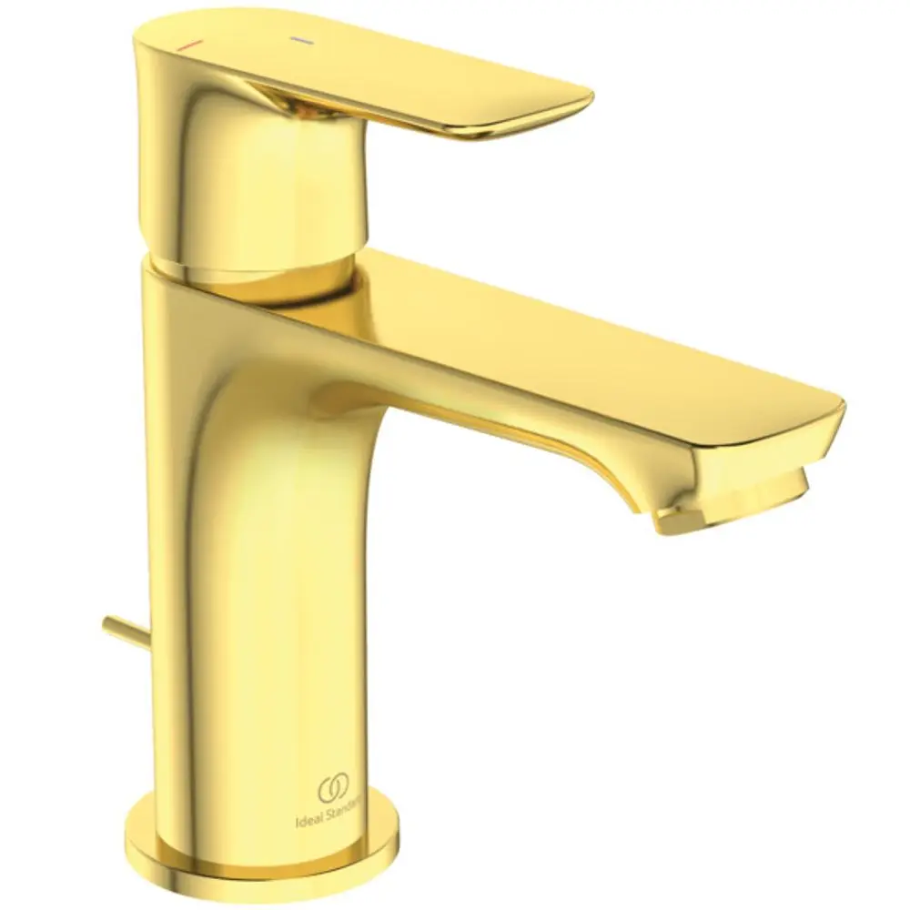 Ein goldenes Wasserhahnmodul von Ideal Standard mit einem schlichten Design und einem Hebel zur Temperaturregelung, geeignet für moderne Badezimmer.